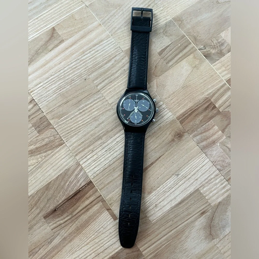 Swatch Chronograph 1991 Wall Street Super Rare Vintage Watch Black Dial Leather